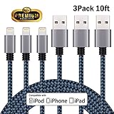 Everdigi iPhone Charger 3Pack 10FT Nylon Braided 8Pin Lightning to USB Cable Charging Cord for iPhone X 8 8Plus 7 7Plus 6s 6sPlus 6 6Plus SE 5 5s 5c iPad iPod & More (Blue)