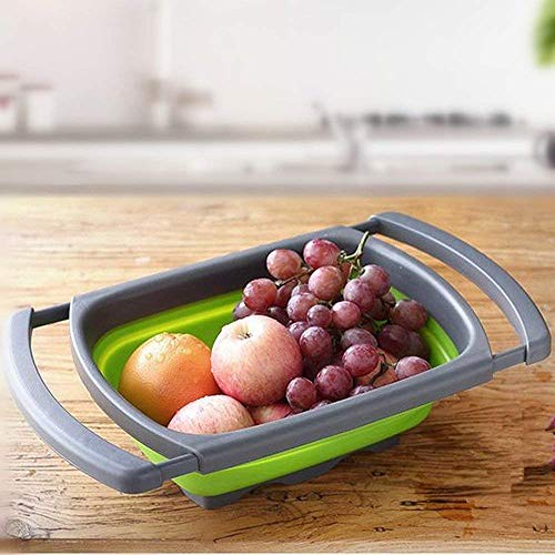DenSan Collapsible Sink Vegetable/Fruit Colander Extendable Handles-Folding Strainer for Kitchen(Green),