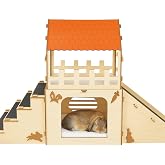 OtterPets Extra Large Bunny Hideout, Wooden Rabbit Castle with Fleece Mats | Pet-safe wood joints (no rubber bands), rabbit hideout made of safe wood, bunny house indoor; chinchilla and guinea pig safe