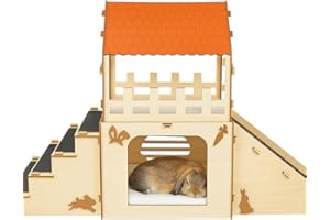 OtterPets Extra Large Bunny Hideout, Cozy Rabbit Castle with Fleece Mats, Wooden Rabbit Hideout, Bunny House Indoor Indoor, Chinchilla, Guinea Pig House (Pet Safe Wood Joints)