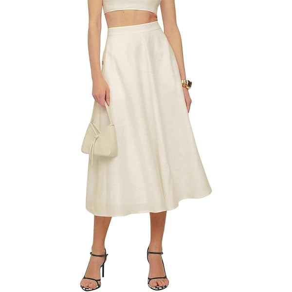 Beige Midi Skirt Cotton Linen Elastic Waist A Line Midi Skirt For