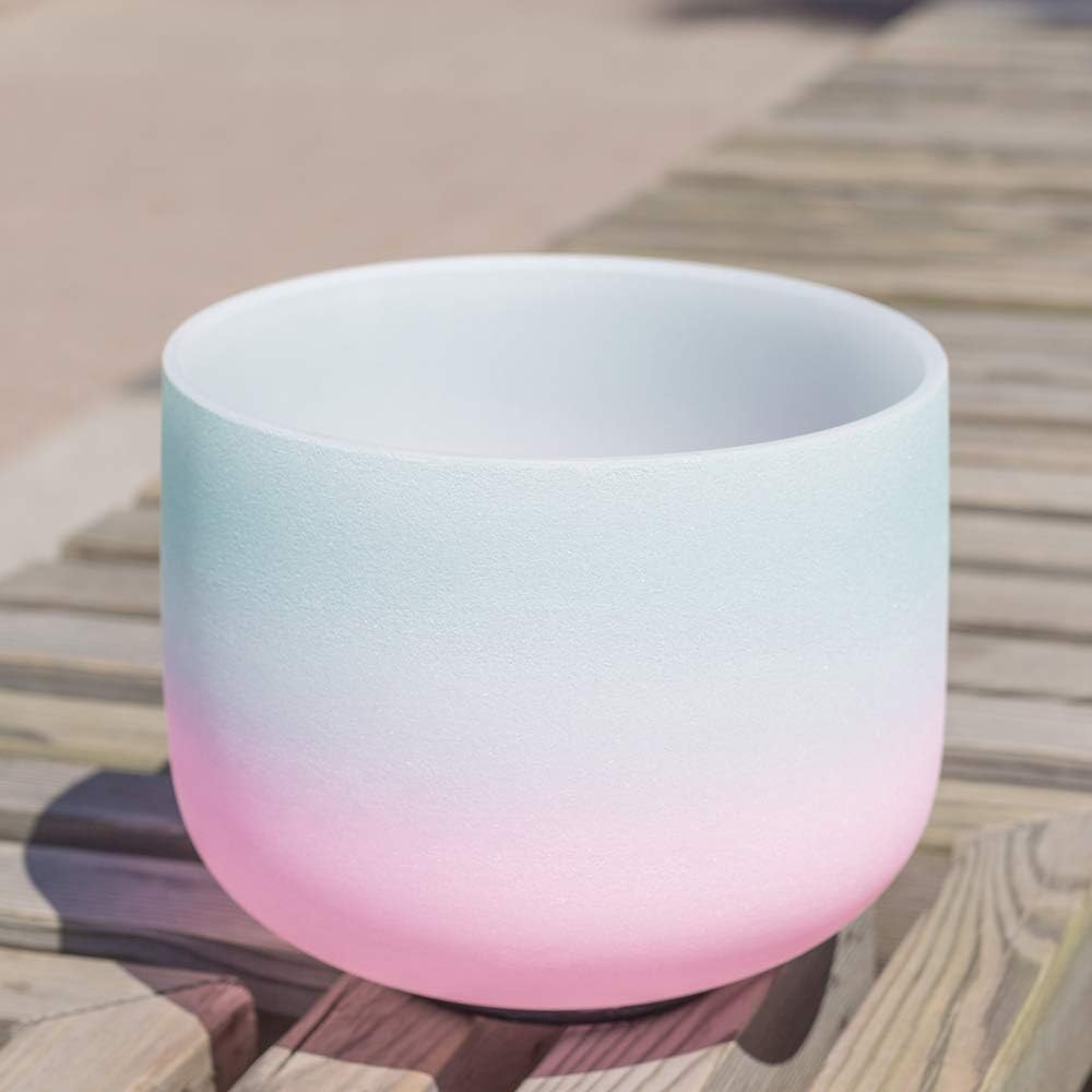 432HZ 8 Inch Mint Green Light Pink Rose Pink F Note Heart Chakra Quartz Crystal Singing Bowl Meditation Healing