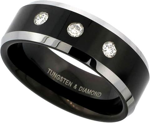 Sabrina Silver 8mm Black Tungsten 3 Stone Diamond Wedding Ring Two Tone Beveled Edges Comfort Fit Sizes 8 To 14 Amazon Com
