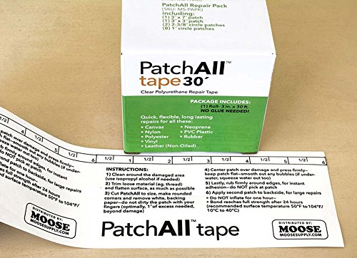 Moose Supply PatchAll Kit TPU Polyurethane Plastic Adhesive 3-Inch Wide Diameter by 30-Foot Long Tape Roll for Canvas, Nylon, Polyester, Vinyl, Rubber, Leather, Neoprene, TPU, and PVC Plastic