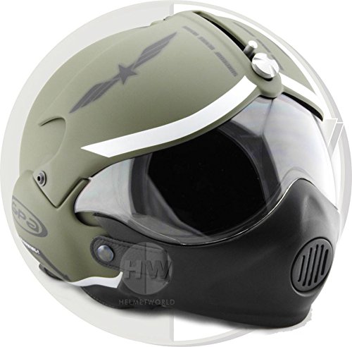 OPEN FACE SCOOTER HELMET OSBE GPA AIRCRAFT TORNADO GREEN ARMY XL 61-62 cm + MASK