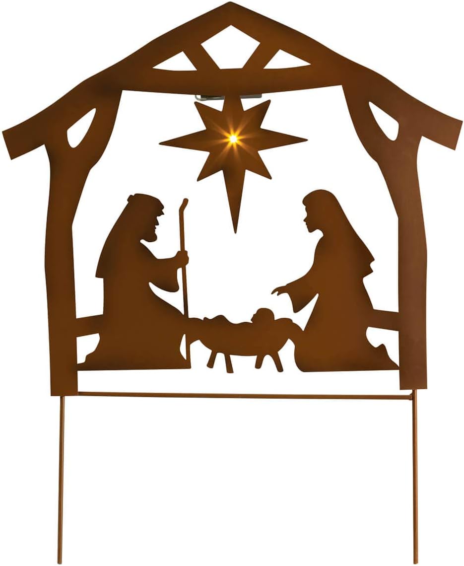 Decorative Garden Stakes - Metal Solar Nativity Scene Yard Stake, Crafted with Duable Waterproof Metal, Holiday Décor, Easy Two-Piece Assembly - Measures 16 1/2