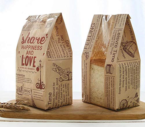 Pack of 40 Paper Bread Loaf Bag Kraft Food Packaging Storage Bakery Bag with Front Window, Label Seal sticker included (Style-3)