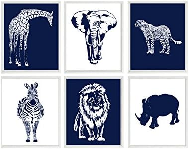 Safari Nursery Wall Art, Baby Boy Nursery, Animal Print, Animal Nursery Art, Navy Blue, White, Elephant, Giraffe, Lion, Cheetah, Zebra, Rhino, Baby Gift