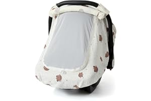 GENERIC Muslin Cotton Baby Car Seat Cover for Boys and Girls, Summer Baby Car Seat Covers Infant Car Seat Canopy with Breathable Mesh Window Windproof Carseat Cover for Babies (White)