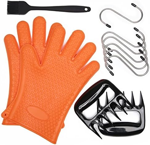 Silicone BBQ/Cooking Gloves - Bear Claws - Silicone Basting Heat Resistant Kitchen Brush - S Shaped Hanging Hooks Kitchen ( 2 Orange Silicone Gloves & 2 Meat Claws & 1 BBQ Brush & 6 S Shaped Hooks )