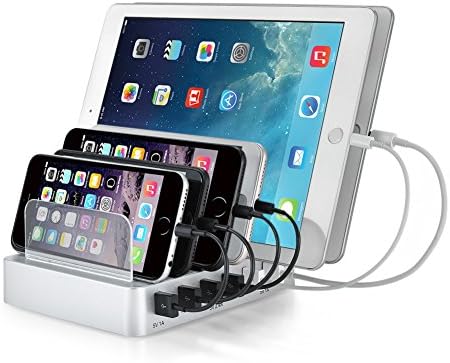 Charging Station, Tispun 6 USB Ports Detachable Charging Dock with Innovative Removable Baffles, Cell Phone Charger Organizer, Multi USB Port Desktop for Smart Phone Tablet (A - Silver)