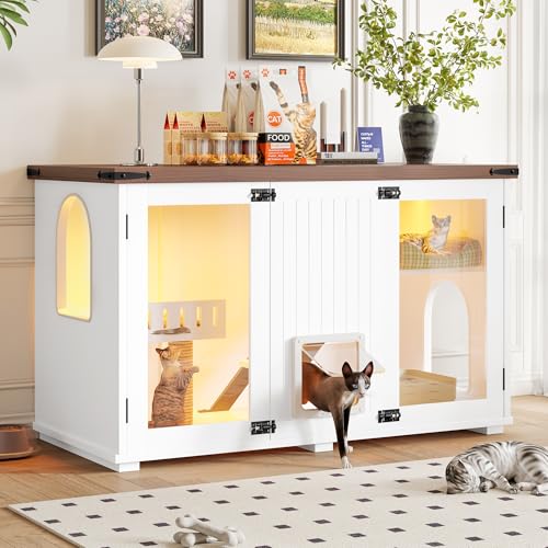 Merax Farmhouse Hidden Cat Litter Box Enclosure with Stairs & Cat Scratching Po…