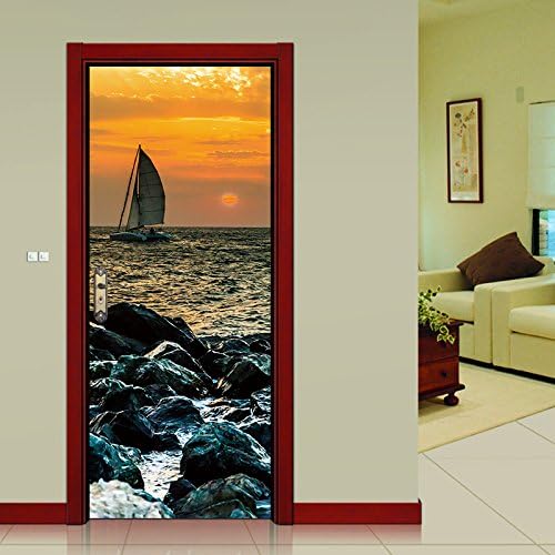 Amaonm Set of 2 38.5x200cm/15.1x78.7inch Removable 3D False Door Wallpaper Vinyl 3D Seaside Sunset Setting art Decor Stickers Murals for Walls Home Room Bedroom Living Room Office Decoration (NM30)