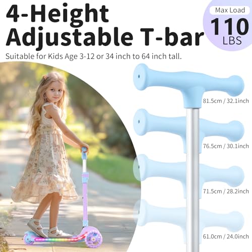 BELEEV A9 Kids Scooter with LED Light-Up Wheels & Deck, 3 Wheel Foldable Kick Scooter for Toddlers Boys Girls Ages 3-12, Adjustable Handlebar, Lean-to-Steer, Extra-Wide Wheels