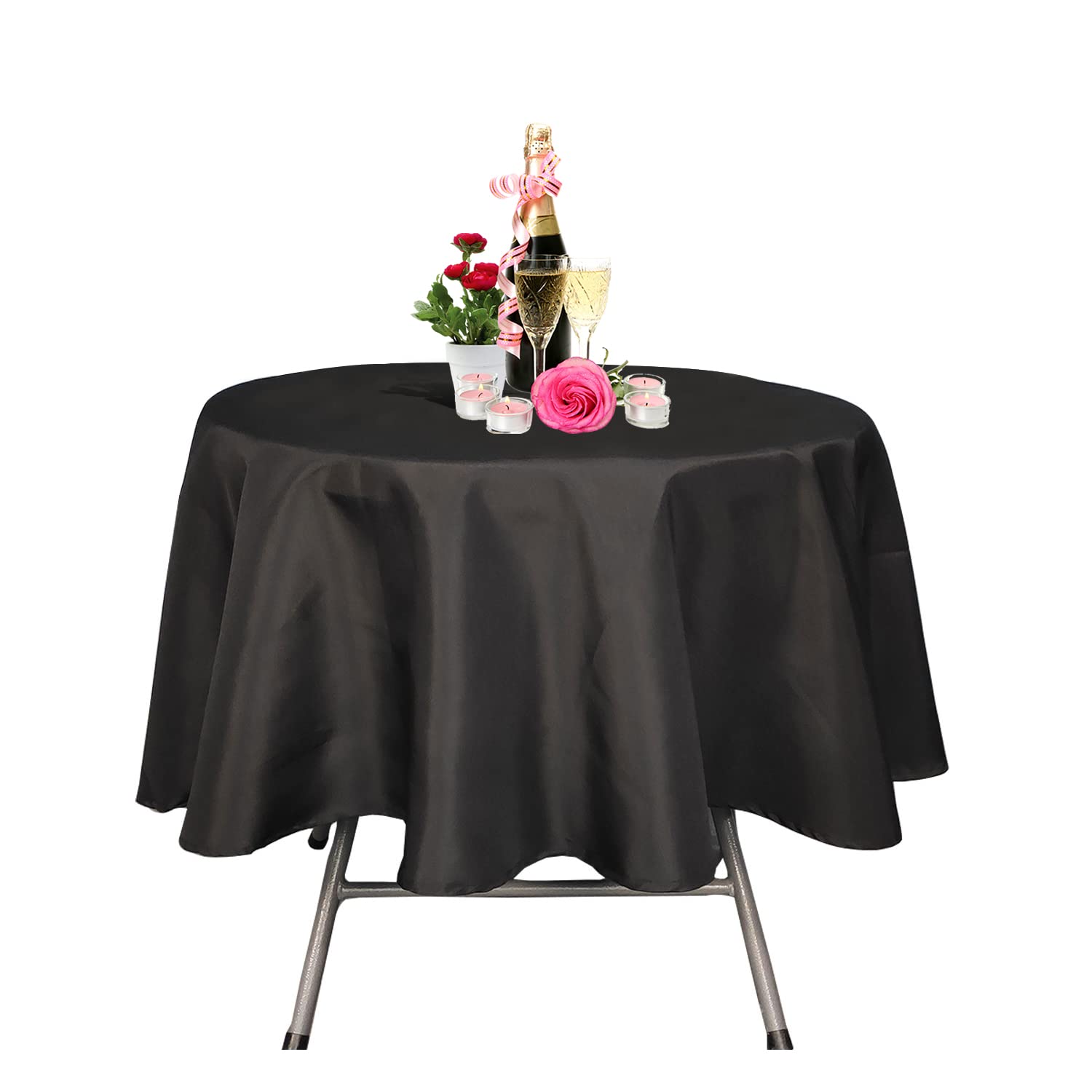 WedDecor Black Round Table Cloth Polyester Table Cover Circular Home Dinner Tablecloth 120 In Linen Tablecloth for Kitchen Dining Fabric Tabletop Washable Bridal Shower Wedding Party Restaurant