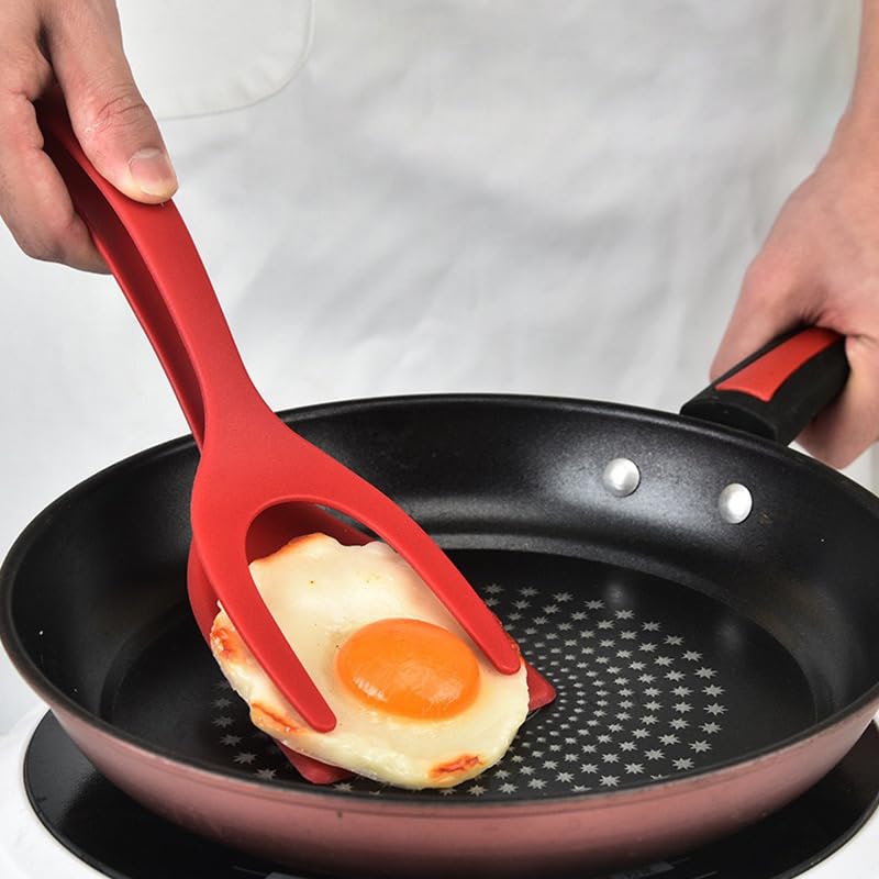 Photo 1 of 2-in-1 Multifunctional Kitchen Tool - Egg & Steak Spatula with Barbecue Tongs, Durable Plastic, Ideal for Flipping Foods & Baking, Black