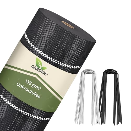 GARDENIX Weed Control Fabric with 50 Anchors 105 m² (2.1 m x 50 m) - Water Permeable 135 g/m² - Black UV-Resistant Weed Control Fabric, Weed Control Film, Floor Fabric, Underbody Fabric