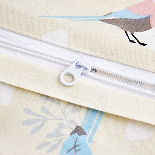 Birds Duvet Cover Set, 100% Cotton Bedding, Bird Pattern Printed on Ivory Cream Light Yellow, with Zipper Closure (3pcs, Queen Size) - Thumbnail 5