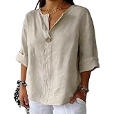 ForHailey Women's Plus Size 3/4 Sleeve Linen Cotton V Neck Button Shirt Blouse Tunic Tops Loose Fit