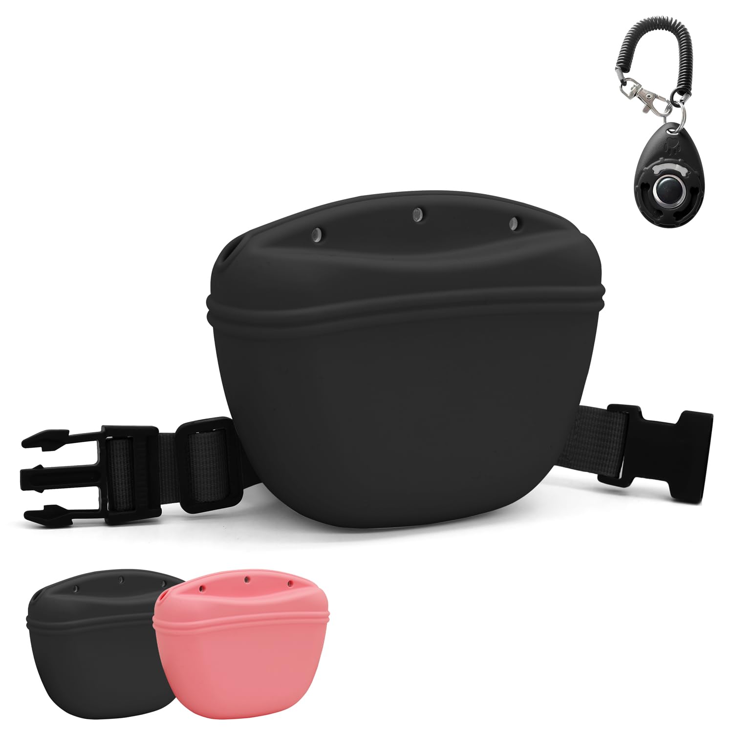 Photo 1 of SnugMaker Dog Treat Pouch with Training Clicker, 2.76 Cup Silicone Dog Treat Bag, Dog Treat Pouches with Waist Belt for Pet Training Walking - Black