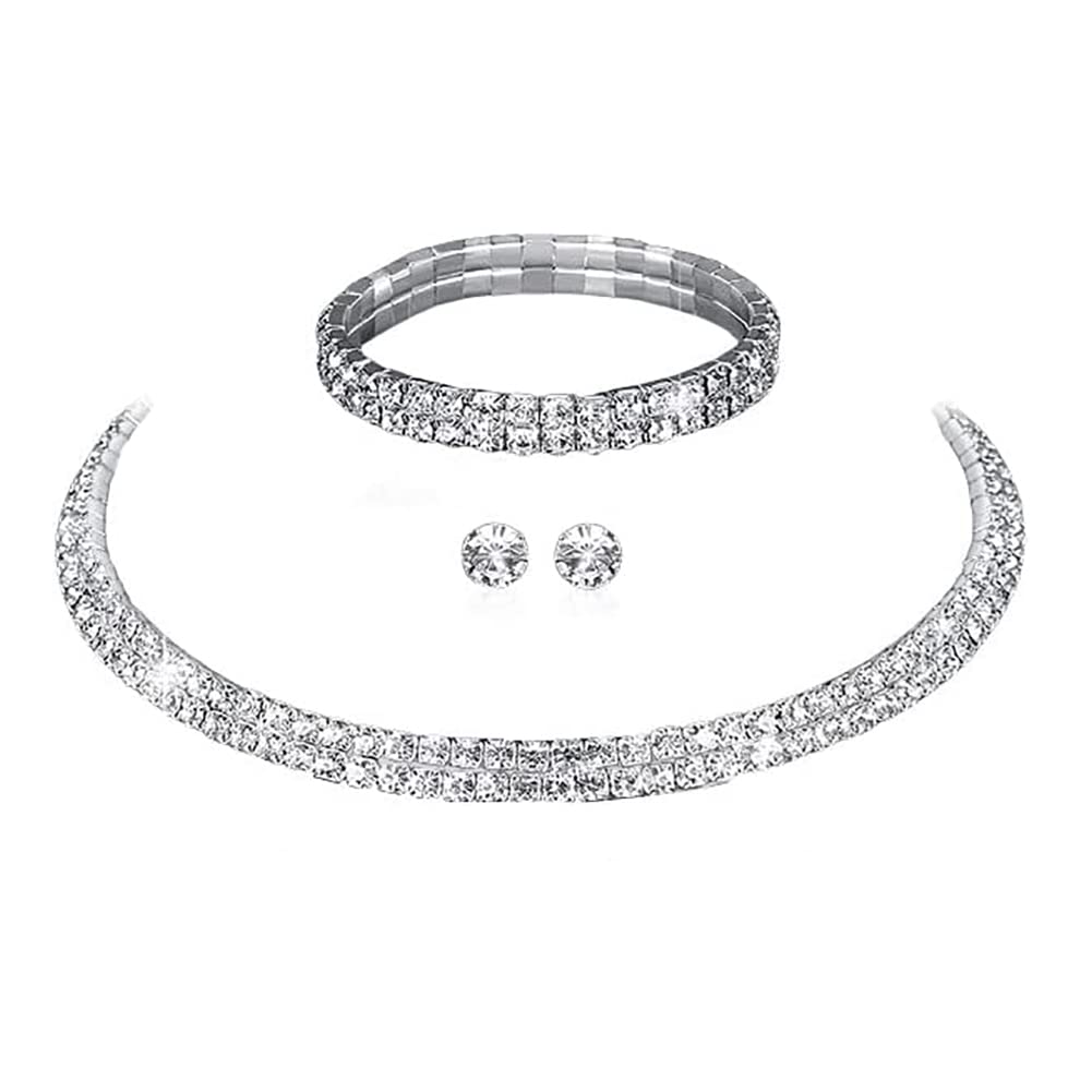 Wedity Bridal Crystal Necklace Silver Earrings Bracelet Set Wedding Choker Necklaces Wedding Jewelry for Women and Girls (2 layer)