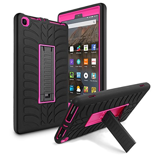AICase HD 8 (2017 7th Gen) Case, 3 in 1 Three Layer Hybrid Rugged Heavy duty Shockproof Full Body Protective Cover for All-New HD 8'' (Black/Rose)