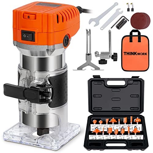 Photo 1 of THINKWORK Compact Router, 6.5-Amp 1.25 HP Compact Wood Palm Router Tool, 6 Variable Speeds Wood Trimmer with 15 Pieces 1/4" Router Bits Set, 30000R/MIN