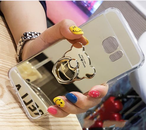 Galaxy S6 Edge Glitter Case,Galaxy S6 Edge Case,Leeook Creative Mirror Effect Diamond Shiny Soft Silicone Case Cover with Bear Ring Kickstand for Samsung Galaxy S6 Edge-Gold