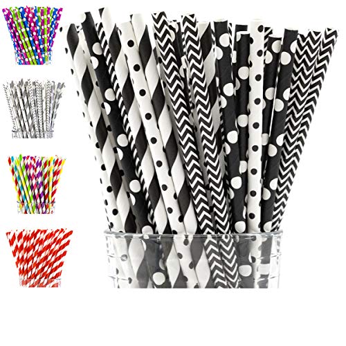 PGK 200-Box Black Paper Straws, Black and White Paper Straws in Striped, Chevron, Polka Dot - Bulk Black Paper Straws, Black and White Wedding, Holiday and Halloween Straws