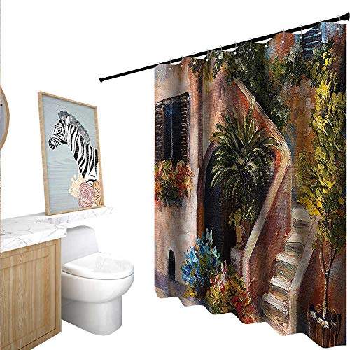 BlountDecor Rustic Shower Curtains 3D Digital Printing Terrace with Flowers Greece 72"x72",Suitable for Bathroom, Send Hook