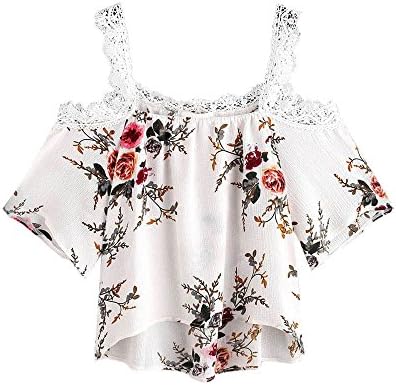 Nevera Women Sexy Lace Patchwork Tops Short Sleeve Floral Print Blouse (S, White 2)