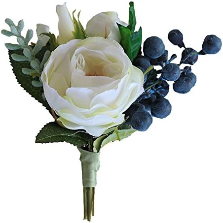 KUPARK 2pcs Groom Boutonniere Groomsman Artificial Tea-rose Wedding Flowers Brooch Pin Accessories Party Prom Suit Decoration, Beige