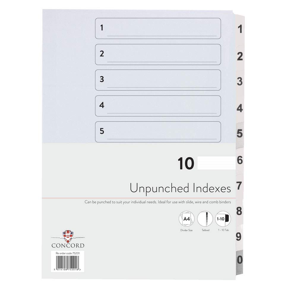 Concord Presentation Index Unpunched White Mylar Tabs 1-10 A4 White Ref 75201 [Pack of 10]
