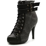 Ollio Women's Winter Shoe Lace Up Military Buckle High Heel Multi Color Ankle Boot