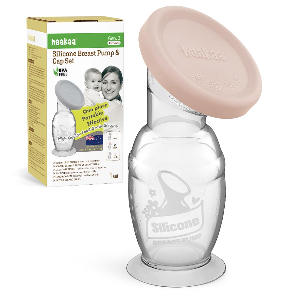 haakaa Manual Silicone Breast Pump with Suction Base and Silicone lid Set– Patented Design, Hands-Free Silent Operation, Natural Suction, Spill-Proof & Easy to Clean, 4oz/100ml, Blush