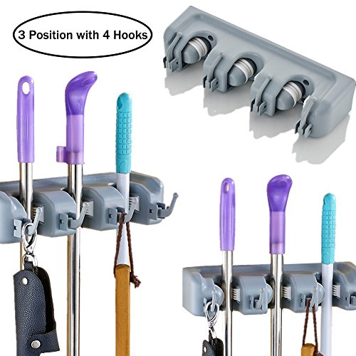Aremazing Broom Holder Heavy Duty Wall Mount Broom and Mop Holder Garage Storage Rack & Garden Tool Organizer (3 Position 4 Hooks)