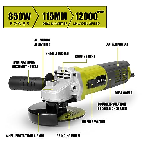 DEWINNER Angle Grinder tool 850W, 12000RPM Grinders Power Tools with Disc 115mm+ 6 Discs & Side Handle & Glove, Adjustable Pin, Cutting Grinding Polishing 220-240 V, Compact Design, Easy Storage