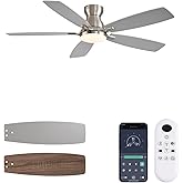 NKPU 52inch Flush Mount Ceiling Fans with Lights and Remote Control/APP Control, DC Reversible Motor, Noiseless, Dimmable, Low Profile Nickel Ceiling Fan for Bedroom Indoor/Outdoor Use