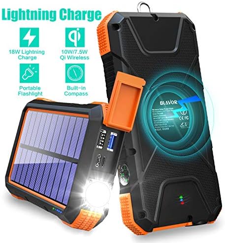 BLAVOR Solar Charger Power Bank 18W, QC 3.0 Portable Wireless Charger