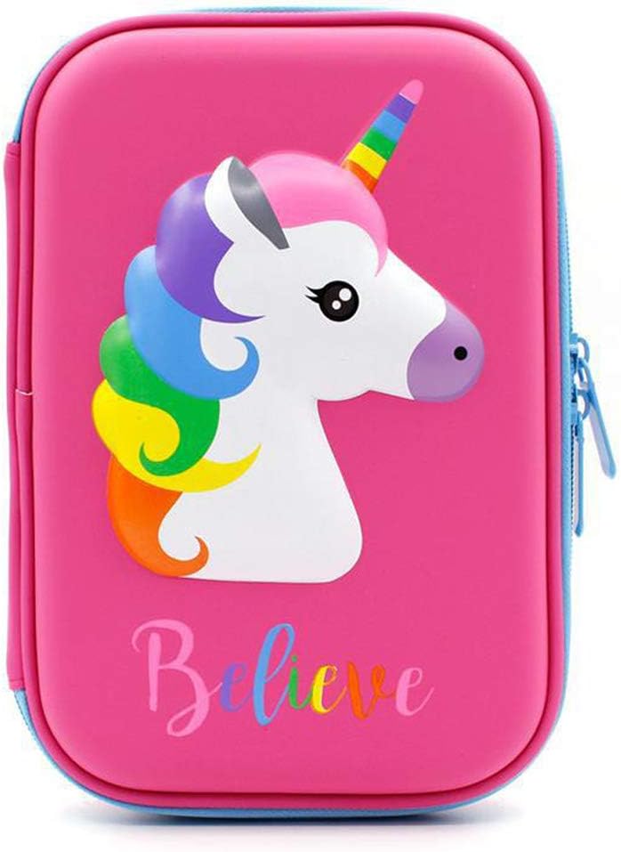 Unicorn Pencil Case, QpenguinBabies Embossed Hardtop Multi-Compartment Pencil Holder Box, Large School Stationery Supply Pen Bag for Kid Children Girls Student Birthday Christmas Gift (Unicorn Pink)