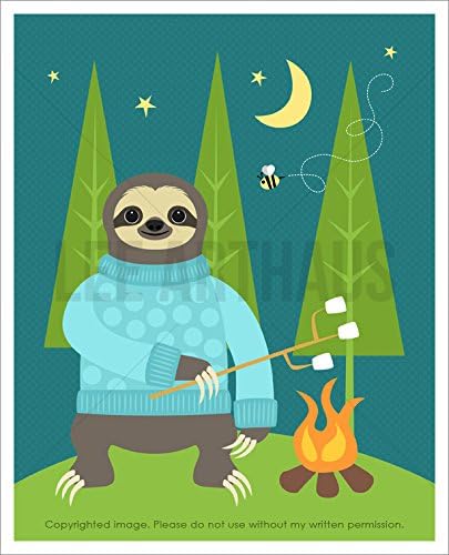 11J - Sloth Camping and Roasting Marshmallows UNFRAMED Wall Art Print by Lee ArtHaus