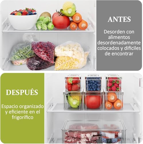 Ausein Juego de 14 Organizadores de Refrigerador, Contenedores de Acrilico de Nevera Transparentes con Tapas, Recipientes para Congelar Alimentos sin BPA para Frutas y Verduras, para Cocina