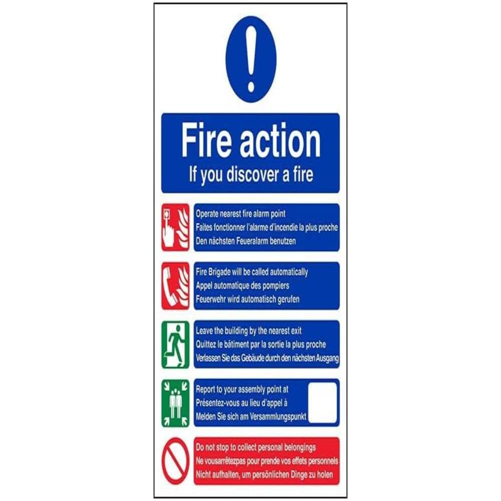 V Safety Glow In The Dark Multi-Lingual Fire Action Call Fire Brigade Sign - 150mm x 200mm - Rigid Plastic