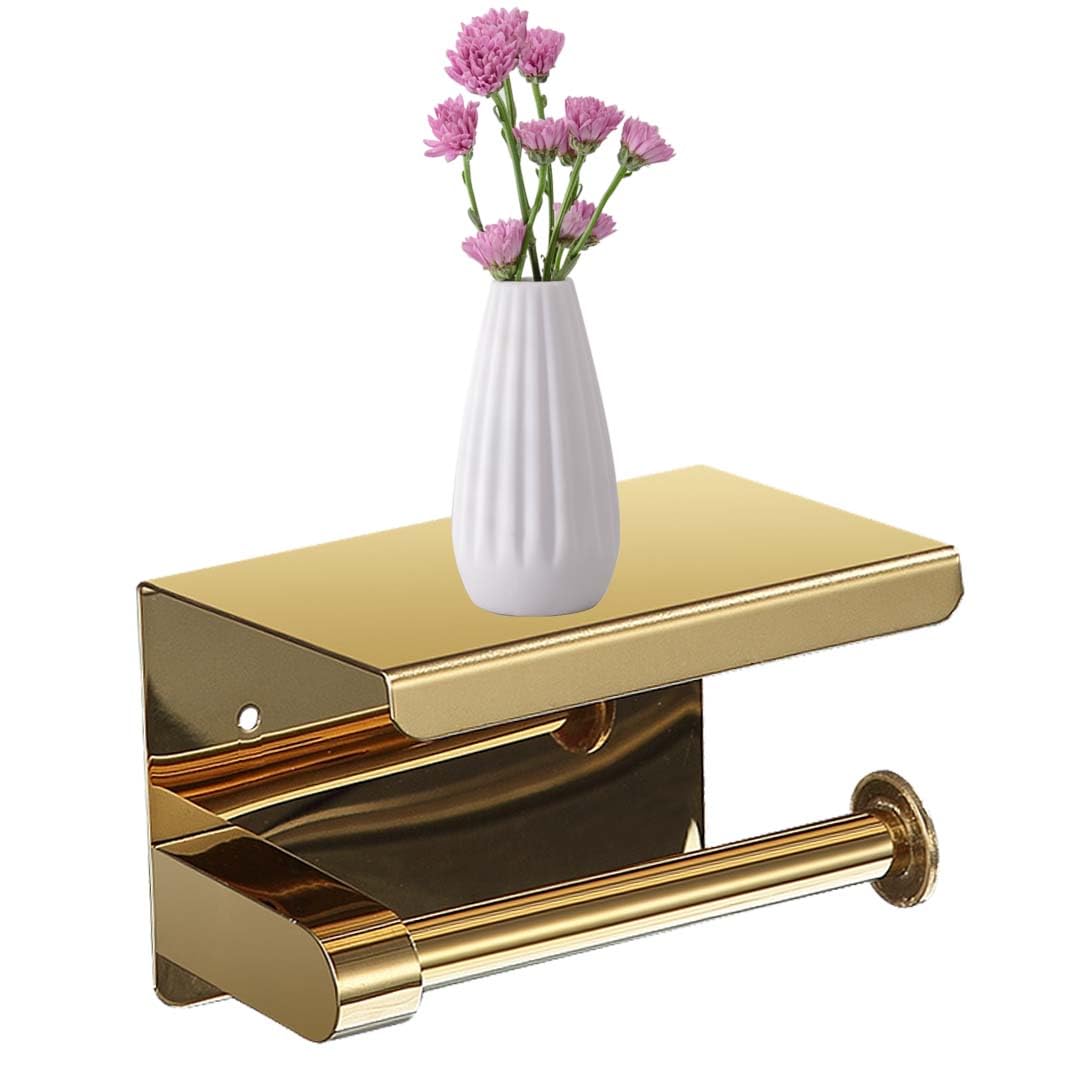 Gold Toilet Paper Holder with Shelf Wall Mount Toilet Roll Holder with Storage Bathroom Accessories Tp Holder with Phone Shelf Stainless Steel Material