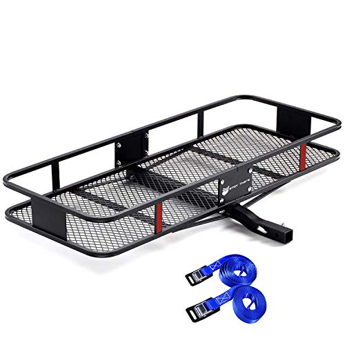 Stay There Hitch Mount Cargo Basket Steel Cargo Carrier for Vehicles with 2" Hitch Receiver 60" L x 22" W x 6" H and 500 Lbs Hauling Weight Capacity with 2 Packing Straps