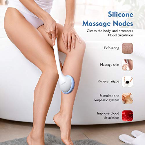 Back Scrubber for Shower, KIWIHOME Back Washer Body Brush, Silicone Body Scrubber with Long Handle Cleans Body Easily for All Skin, 2 Sponges Makes More Bubbles (Blue)