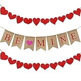 Supla 6.6' Long BE Mine Letters and Hearts Sign Valentine's Day Burlap Banner Rustic Jute Burlap Flag Bunting Banner and 20 Pcs 10 Shape Red Felt Hearts Garland Banner with Red Paper Raffia Cord