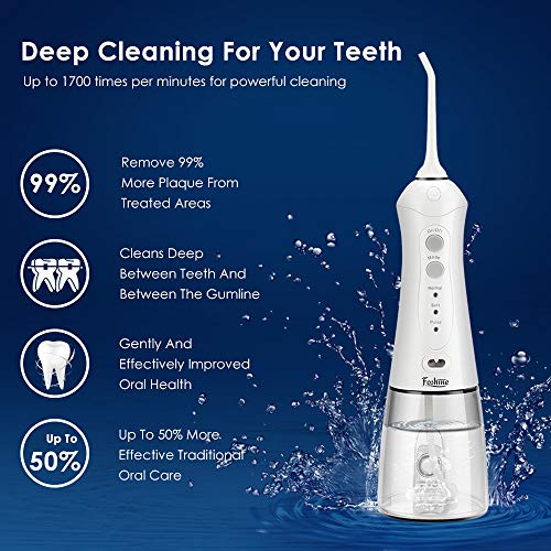 Cordless Water Flosser Foshine USB Rechargeable Oral Irrigator IPX7 Waterproof 3 Modes Water Dental Flosser with 300ml Water Reservoir and 3 Jet Tips for Brace and Teeth Whitening