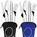 8 Pieces Flatware Sets Knife, Fork, Spoon, Chopsticks, SENHAI 2 Pack Rustproof Stainless Steel Tableware Dinnerware with Carrying Case for Traveling Camping Picnic Working Hiking(Dark Blue,Black)