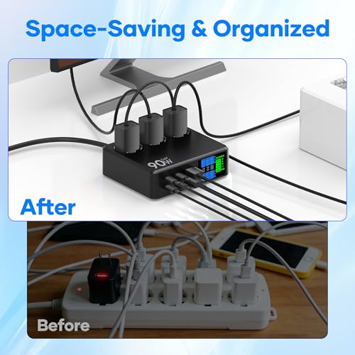 CKCN Power Strip with USB C 6-Port (90 W), Socket Cube 2500 W with LED Display, Multiple Socket with USB Charging Station, Multiple PD Surge Protection Sockets, Extension Cable, 1.2 m, Black